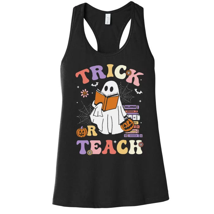 Groovy Teacher Halloween Retro Trick Or Teach Ghost Reading Women's Racerback Tank