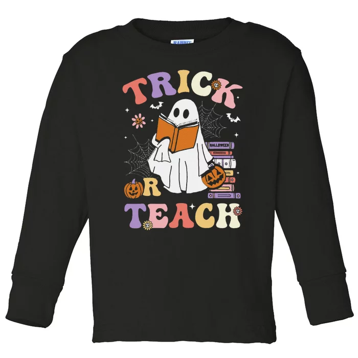 Groovy Teacher Halloween Retro Trick Or Teach Ghost Reading Toddler Long Sleeve Shirt