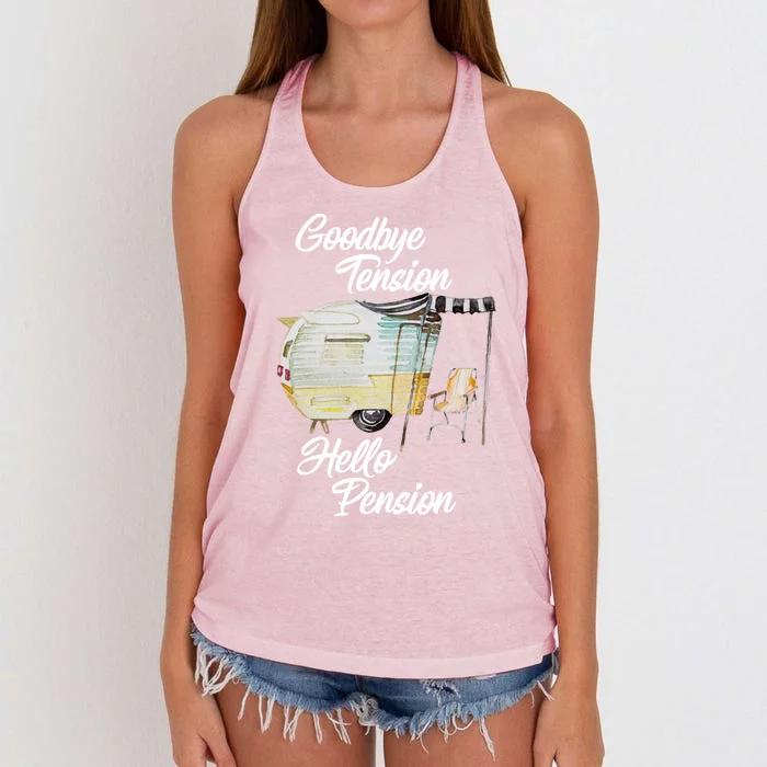 Goodbye Tension Hello Pension Camper Glamper Senior Gift Meaningful Gift Women's Knotted Racerback Tank