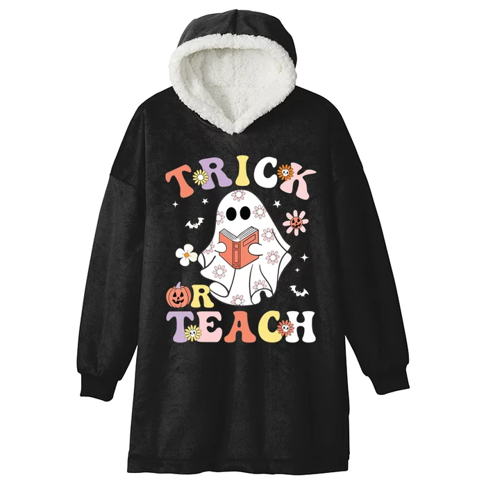 Groovy Teacher Halloween Trick Or Teach Retro Floral Ghost Hooded Wearable Blanket