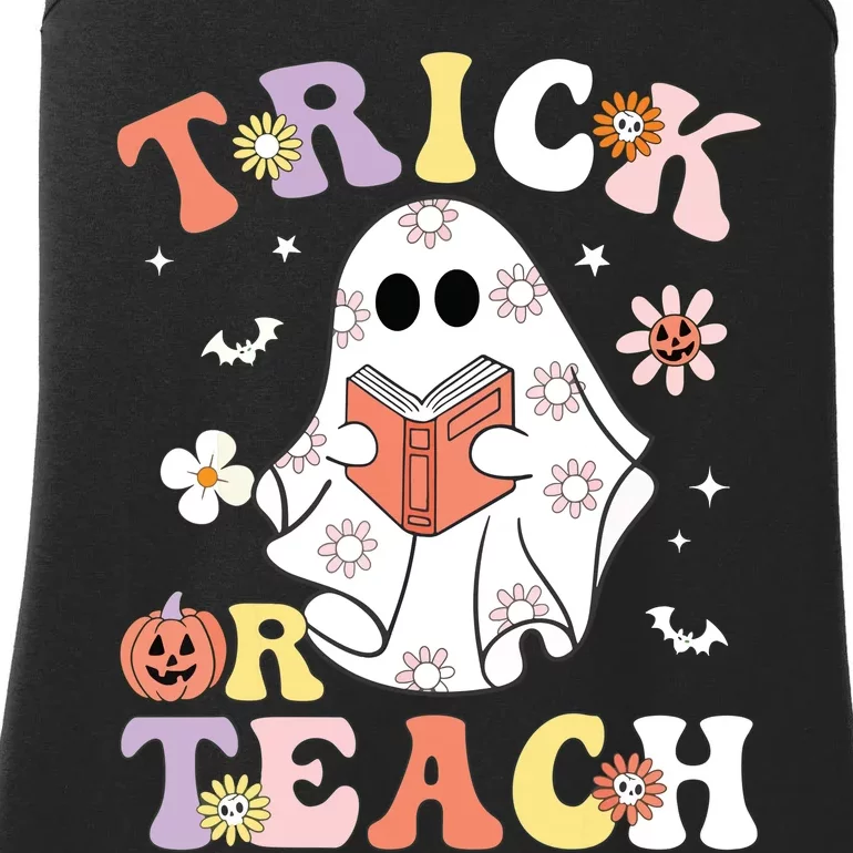 Groovy Teacher Halloween Trick Or Teach Retro Floral Ghost Ladies Essential Tank