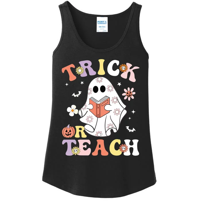 Groovy Teacher Halloween Trick Or Teach Retro Floral Ghost Ladies Essential Tank