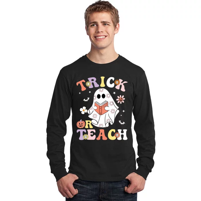 Groovy Teacher Halloween Trick Or Teach Retro Floral Ghost Tall Long Sleeve T-Shirt