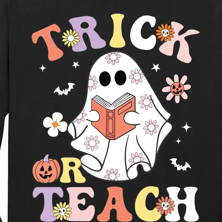 Groovy Teacher Halloween Trick Or Teach Retro Floral Ghost Tall Long Sleeve T-Shirt