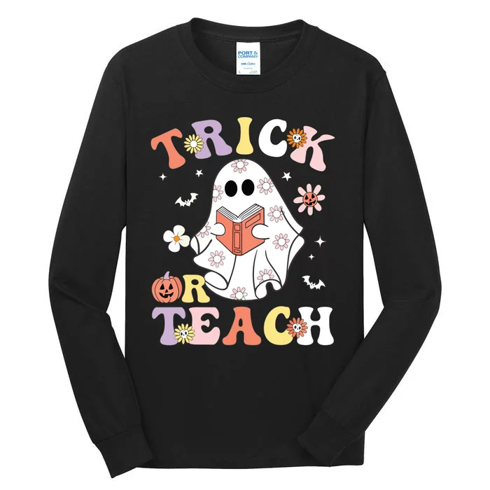 Groovy Teacher Halloween Trick Or Teach Retro Floral Ghost Tall Long Sleeve T-Shirt