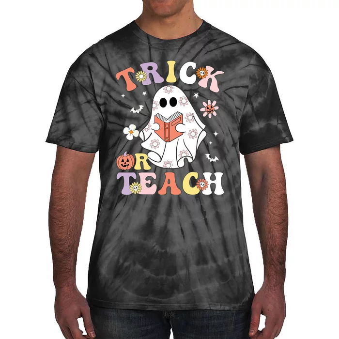 Groovy Teacher Halloween Trick Or Teach Retro Floral Ghost Tie-Dye T-Shirt