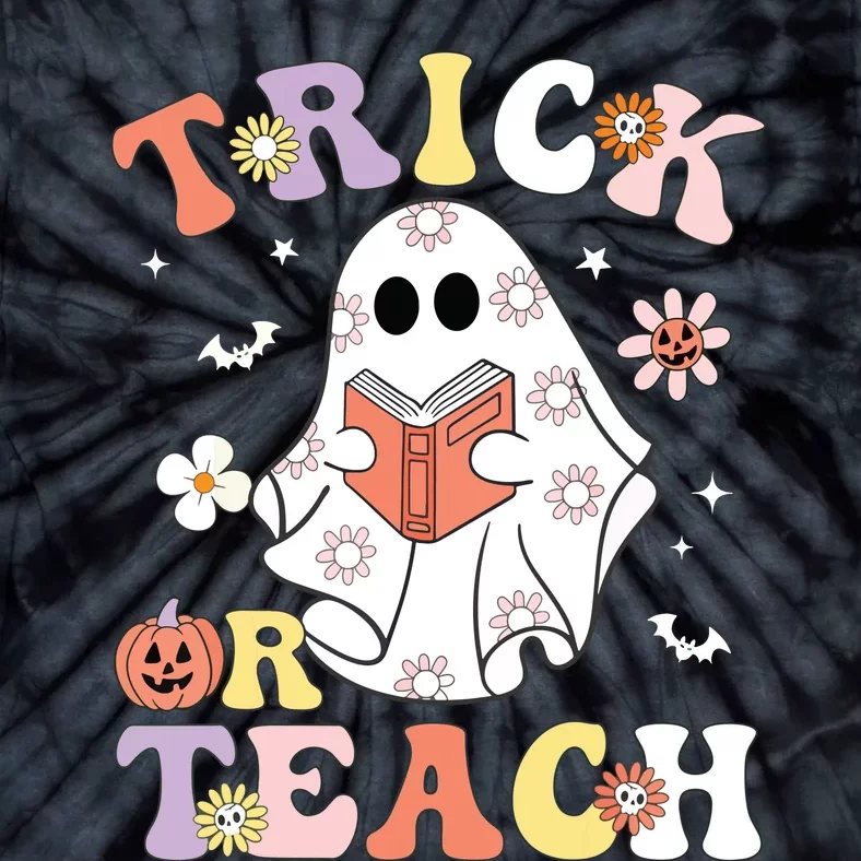 Groovy Teacher Halloween Trick Or Teach Retro Floral Ghost Tie-Dye T-Shirt