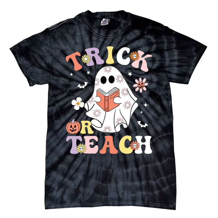 Groovy Teacher Halloween Trick Or Teach Retro Floral Ghost Tie-Dye T-Shirt