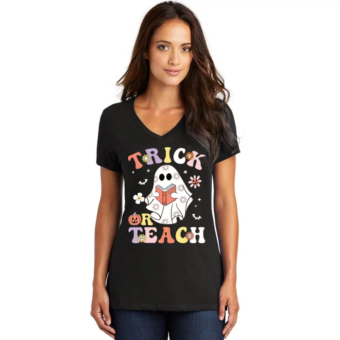 Groovy Teacher Halloween Trick Or Teach Retro Floral Ghost Women's V-Neck T-Shirt