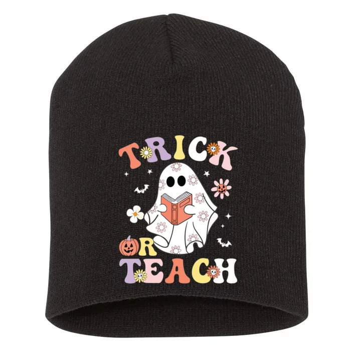 Groovy Teacher Halloween Trick Or Teach Retro Floral Ghost Short Acrylic Beanie