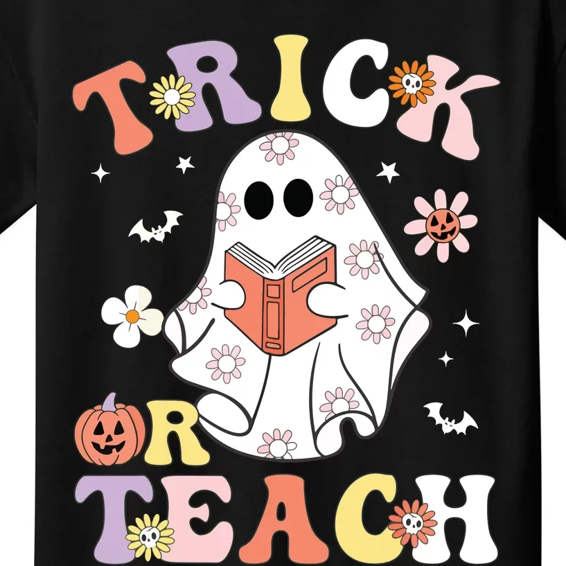 Groovy Teacher Halloween Trick Or Teach Retro Floral Ghost Kids T-Shirt