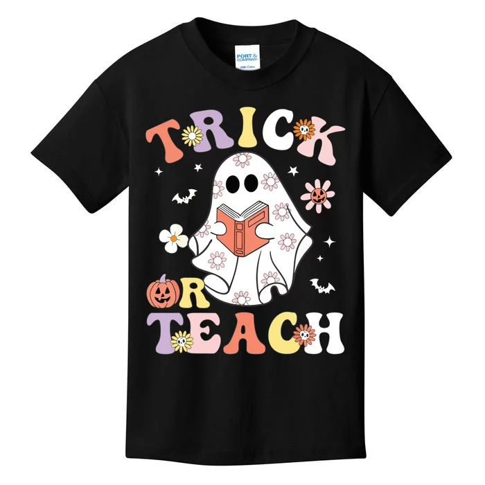 Groovy Teacher Halloween Trick Or Teach Retro Floral Ghost Kids T-Shirt