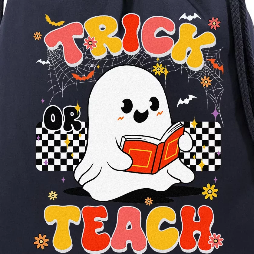 Groovy Teacher Halloween Retro Trick Or Teach Floral Ghost Drawstring Bag