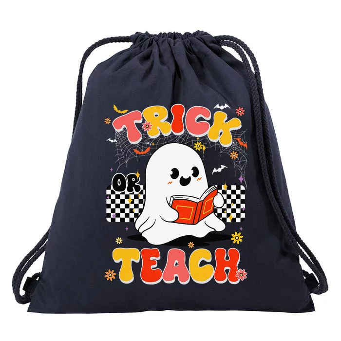 Groovy Teacher Halloween Retro Trick Or Teach Floral Ghost Drawstring Bag