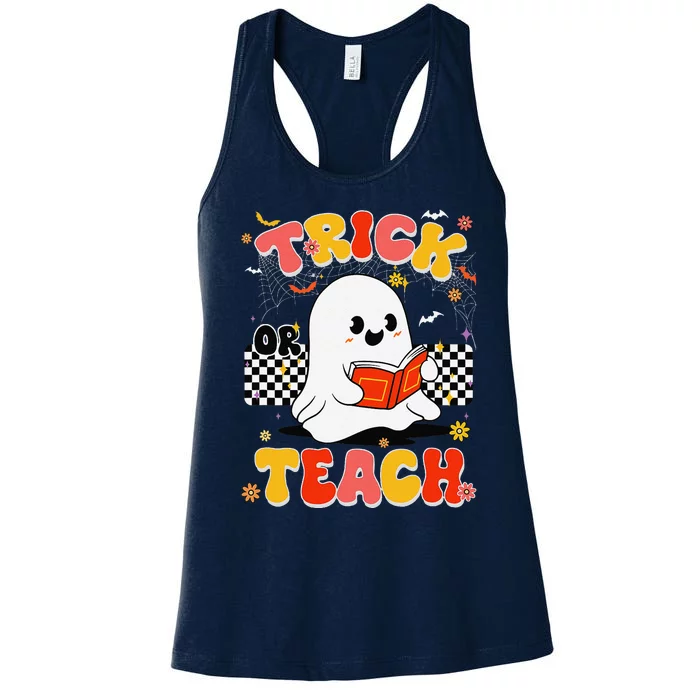 Groovy Teacher Halloween Retro Trick Or Teach Floral Ghost Women's Racerback Tank