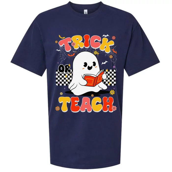 Groovy Teacher Halloween Retro Trick Or Teach Floral Ghost Sueded Cloud Jersey T-Shirt