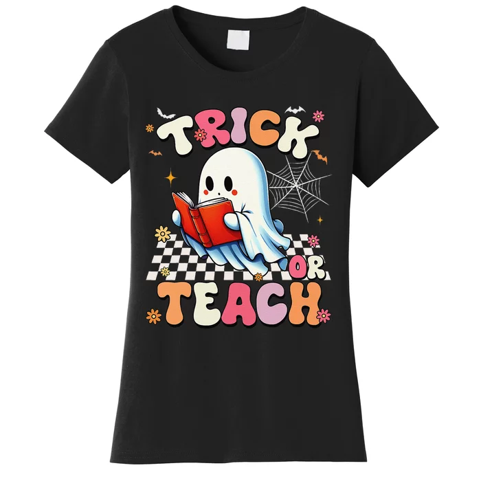 Groovy Teacher Halloween Retro Trick Or Teach Floral Ghost Gift Women's T-Shirt