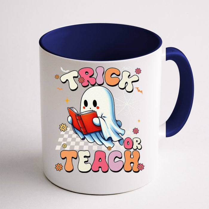 Groovy Teacher Halloween Retro Trick Or Teach Floral Ghost Gift Front & Back Coffee Mug