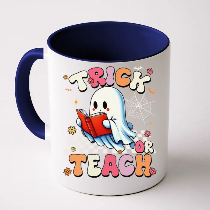 Groovy Teacher Halloween Retro Trick Or Teach Floral Ghost Gift Front & Back Coffee Mug