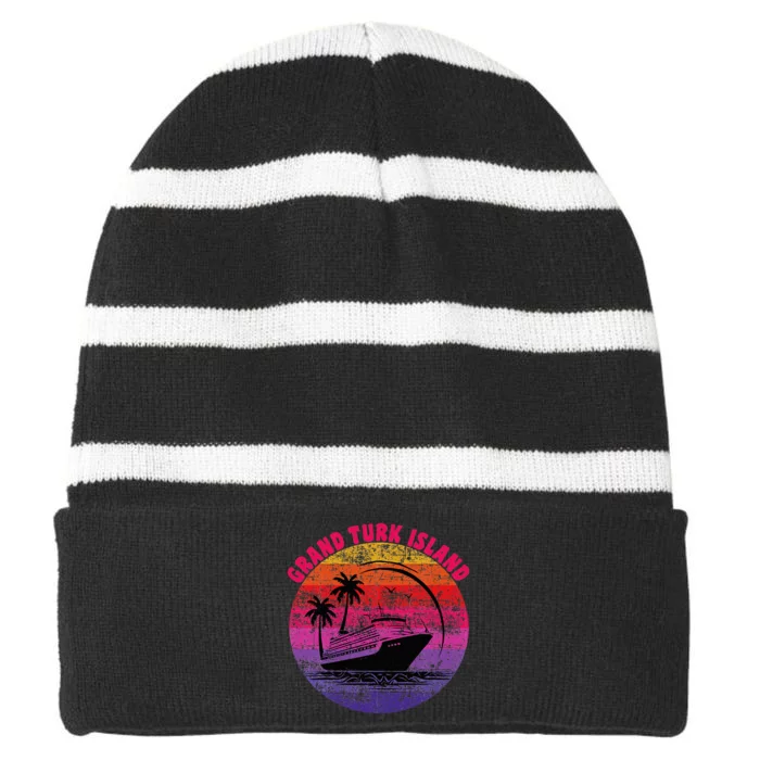 Grand Turk Island Cruise Retro Sunset Family Reunion Striped Beanie with Solid Band