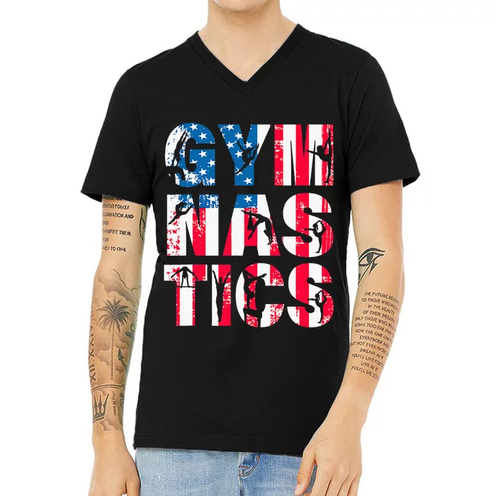 Gymnastics Team Lovers American Flag Usa Gymnast V-Neck T-Shirt