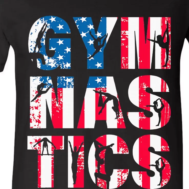 Gymnastics Team Lovers American Flag Usa Gymnast V-Neck T-Shirt