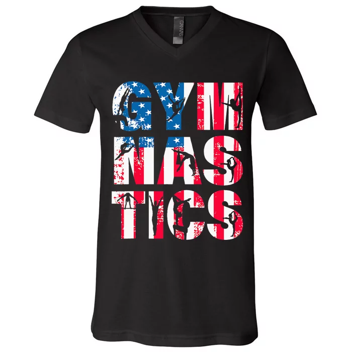 Gymnastics Team Lovers American Flag Usa Gymnast V-Neck T-Shirt