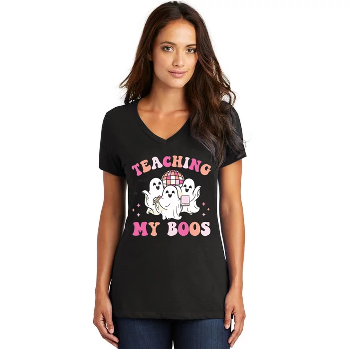 Groovy Teaching My Boos Crew Funny Ghost Halloween Teacher Women's V-Neck T-Shirt