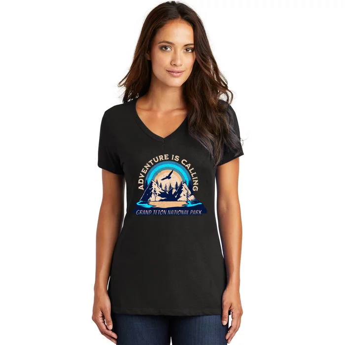 Grand Teton National Park Camping Hiking Family Vacation Women's V-Neck T-Shirt