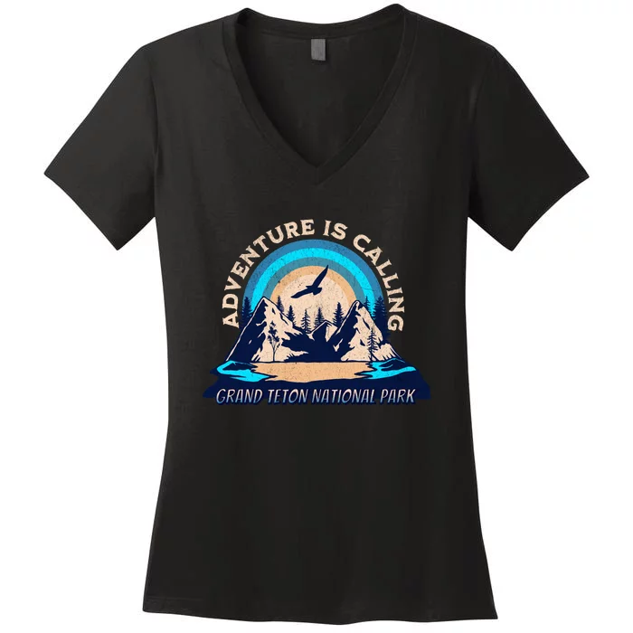 Grand Teton National Park Camping Hiking Family Vacation Women's V-Neck T-Shirt