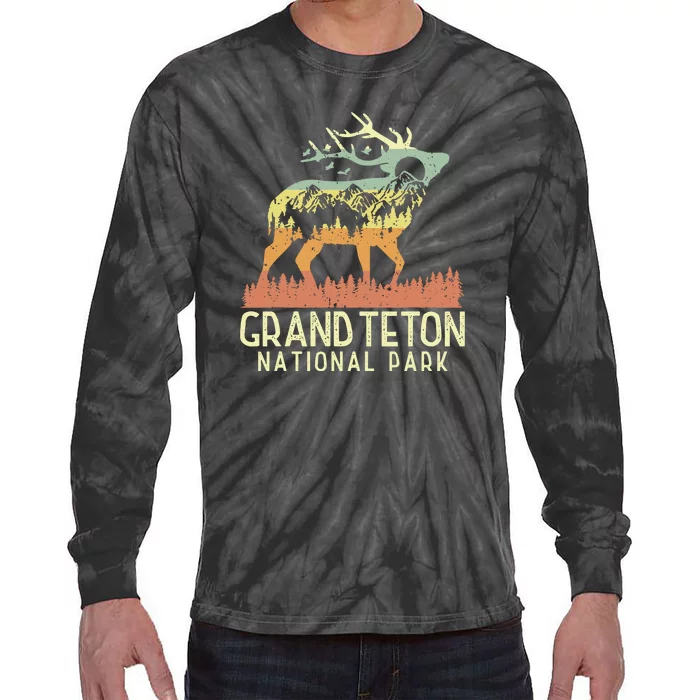 Grand Teton National Park Retro Mountain Vintage Elk Gift Tie-Dye Long Sleeve Shirt