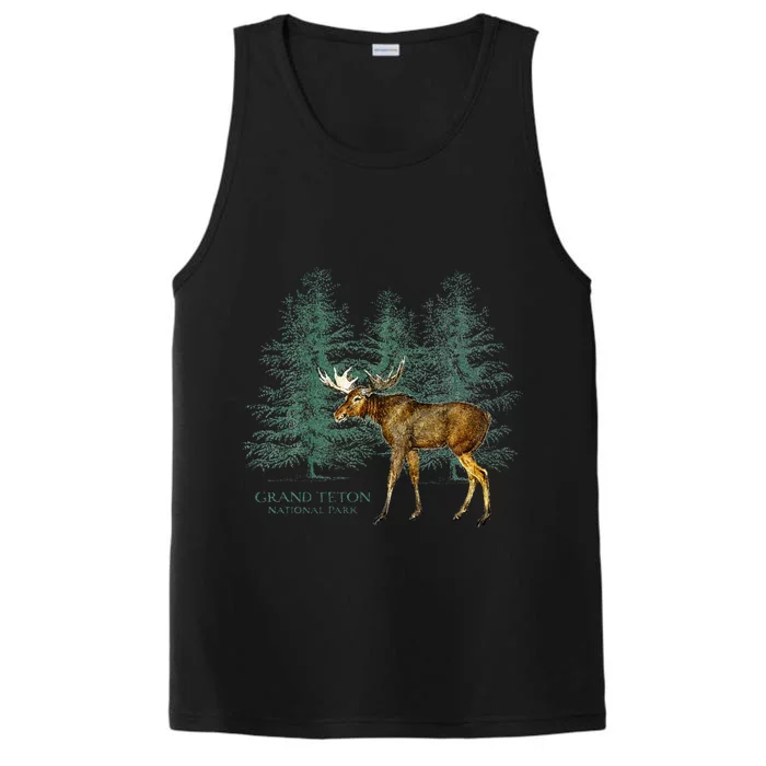 Grand Teton National Park Wyoming Moose Trees Vintage Look Performance Tank