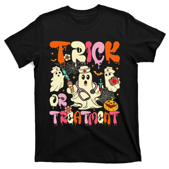 Groovy Trick Or Treatment Halloween Ghost Nurse T-Shirt