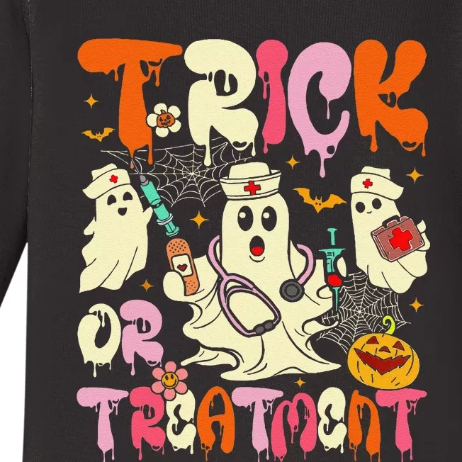 Groovy Trick Or Treatment Halloween Ghost Nurse Baby Long Sleeve Bodysuit