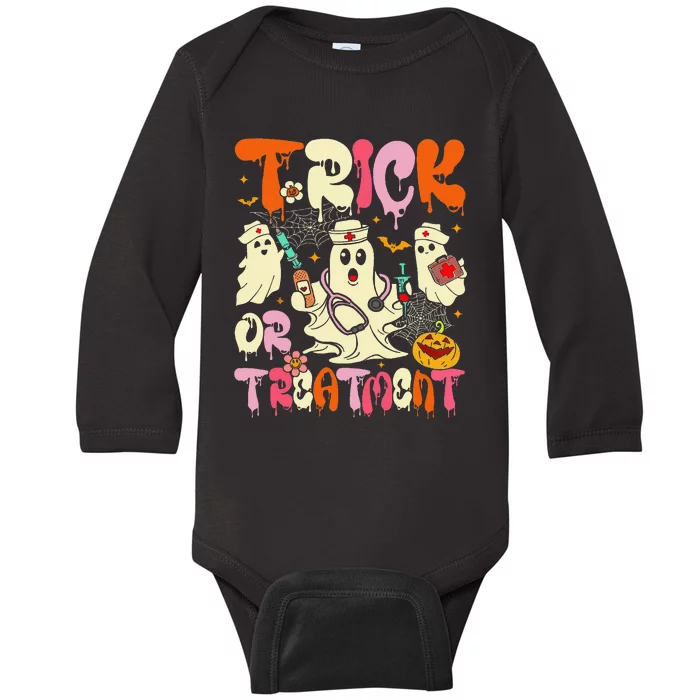 Groovy Trick Or Treatment Halloween Ghost Nurse Baby Long Sleeve Bodysuit