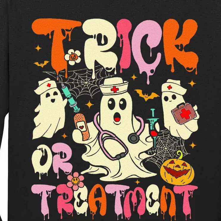 Groovy Trick Or Treatment Halloween Ghost Nurse Tall Long Sleeve T-Shirt