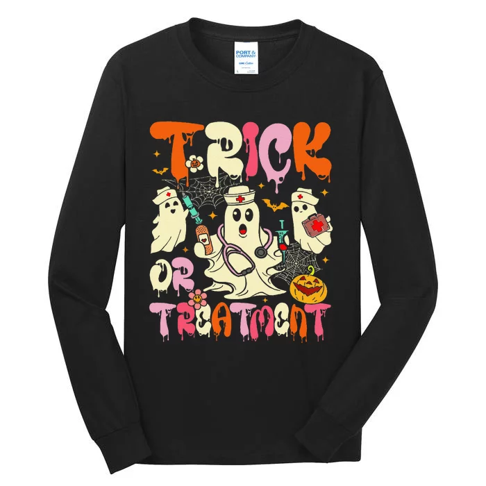 Groovy Trick Or Treatment Halloween Ghost Nurse Tall Long Sleeve T-Shirt