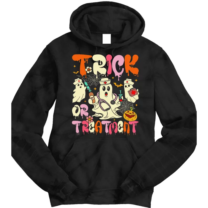 Groovy Trick Or Treatment Halloween Ghost Nurse Tie Dye Hoodie