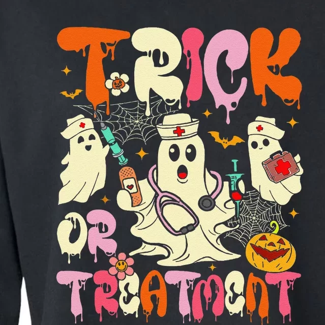 Groovy Trick Or Treatment Halloween Ghost Nurse Cropped Pullover Crew