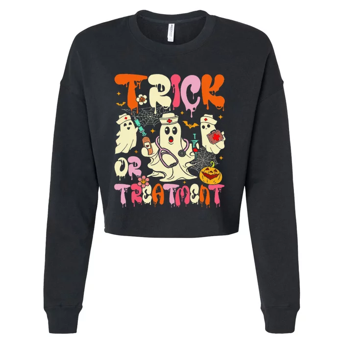 Groovy Trick Or Treatment Halloween Ghost Nurse Cropped Pullover Crew