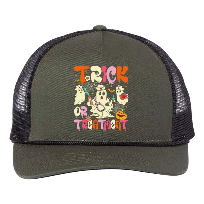 Groovy Trick Or Treatment Halloween Ghost Nurse Retro Rope Trucker Hat Cap