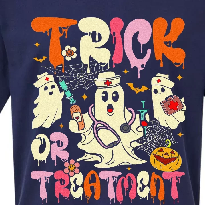 Groovy Trick Or Treatment Halloween Ghost Nurse Sueded Cloud Jersey T-Shirt