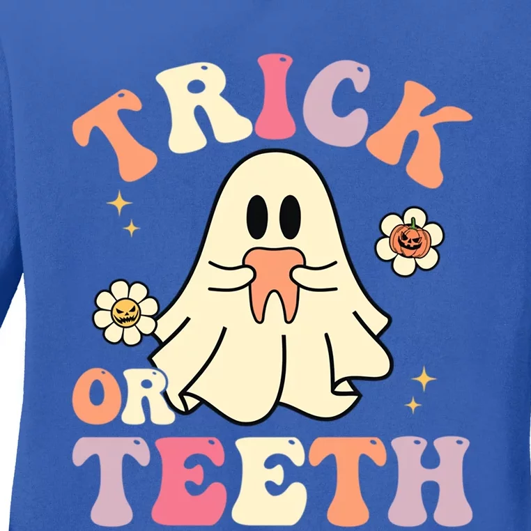 Groovy Trick Or Teeth Funny Dental Halloween Dentist Costume Gift Ladies Long Sleeve Shirt