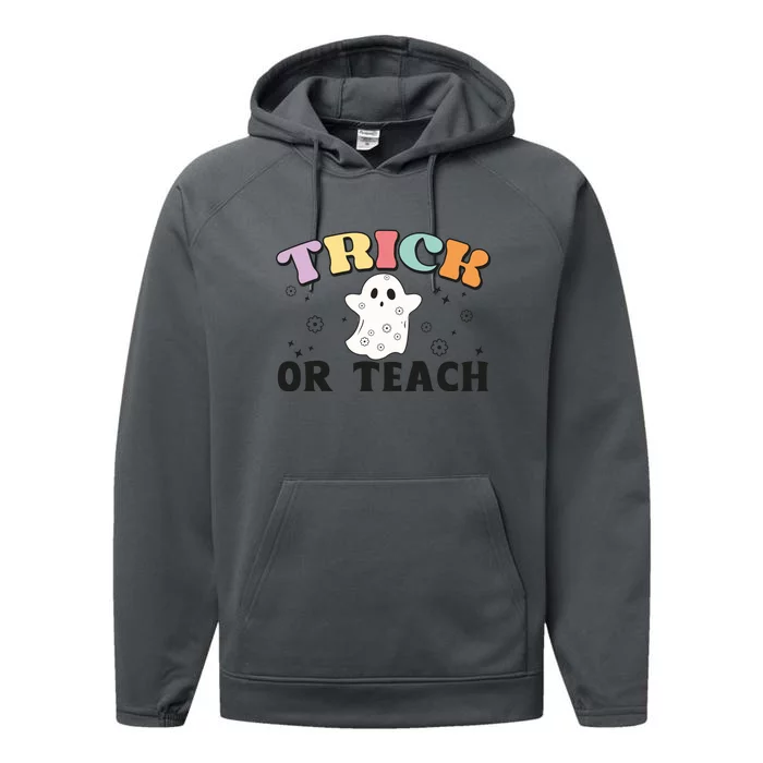 Groovy Trick Or Teach Cute Ghost Retro Halloween Gift Performance Fleece Hoodie