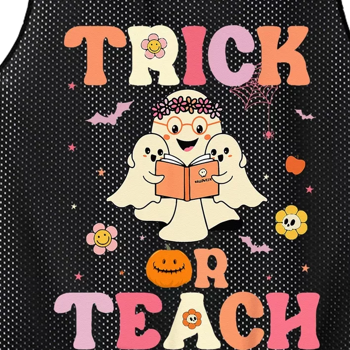 Groovy Trick Or Teach Retro Floral Ghost Halloween Teacher Mesh Reversible Basketball Jersey Tank