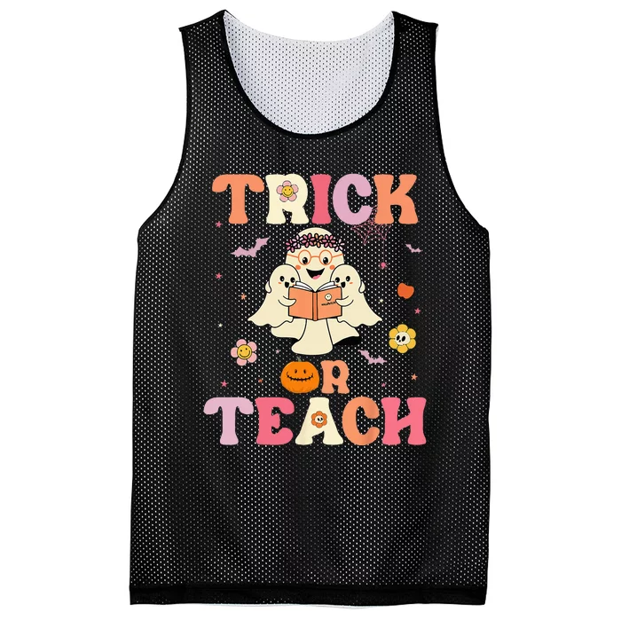 Groovy Trick Or Teach Retro Floral Ghost Halloween Teacher Mesh Reversible Basketball Jersey Tank