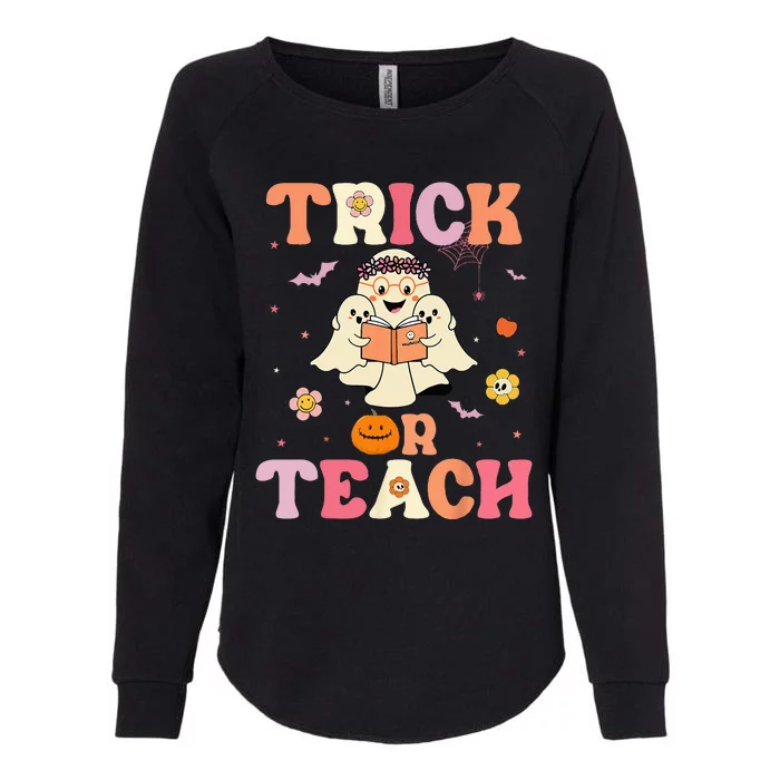 Groovy Trick Or Teach Retro Floral Ghost Halloween Teacher Womens California Wash Sweatshirt