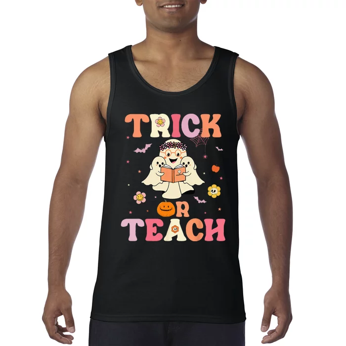 Groovy Trick Or Teach Retro Floral Ghost Halloween Teacher Tank Top