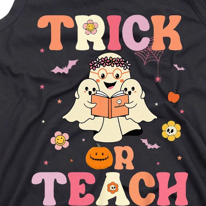 Groovy Trick Or Teach Retro Floral Ghost Halloween Teacher Tank Top