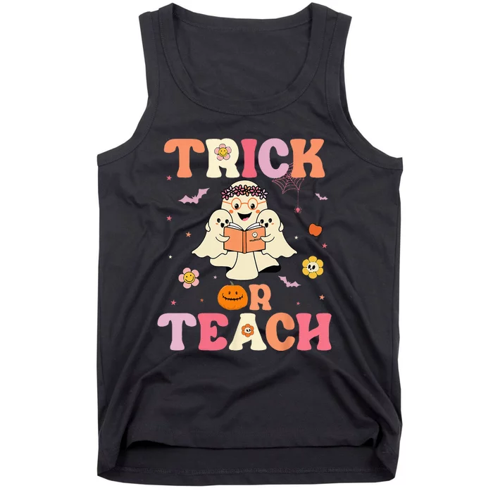 Groovy Trick Or Teach Retro Floral Ghost Halloween Teacher Tank Top